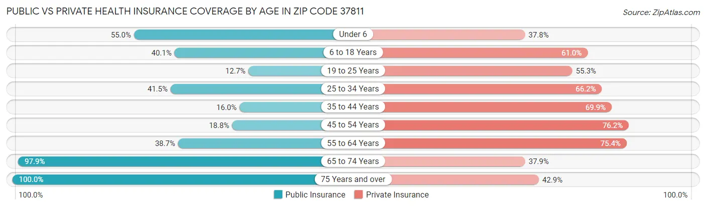 Public vs Private Health Insurance Coverage by Age in Zip Code 37811