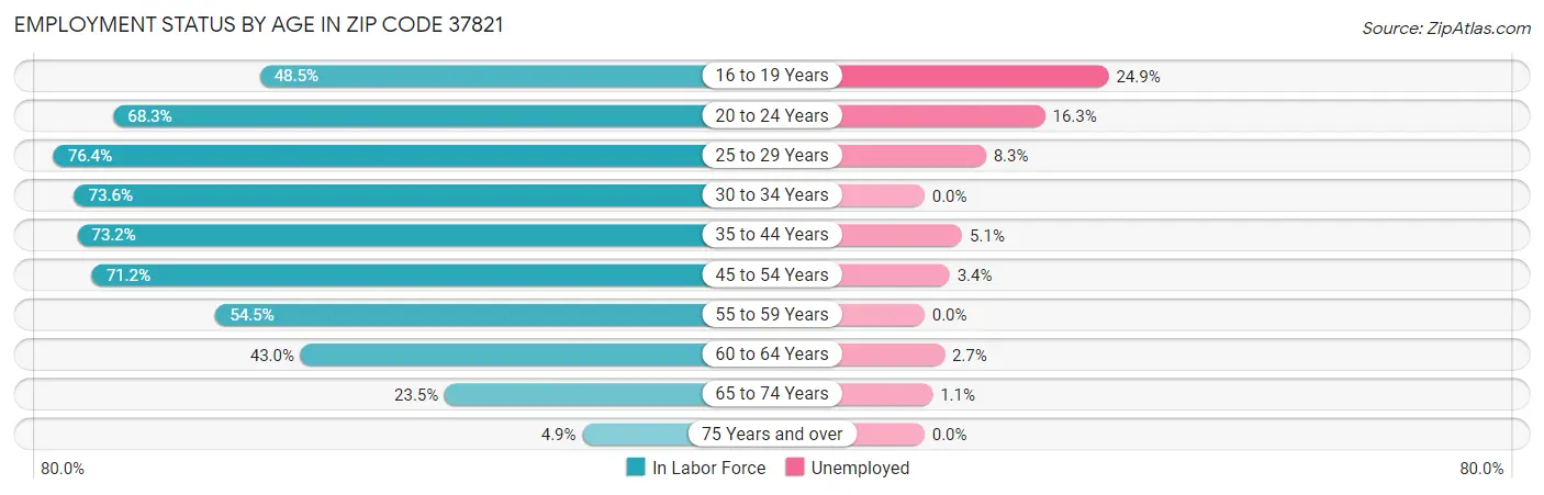 Employment Status by Age in Zip Code 37821
