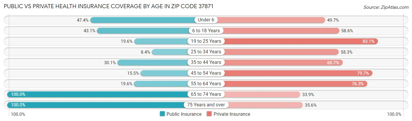 Public vs Private Health Insurance Coverage by Age in Zip Code 37871