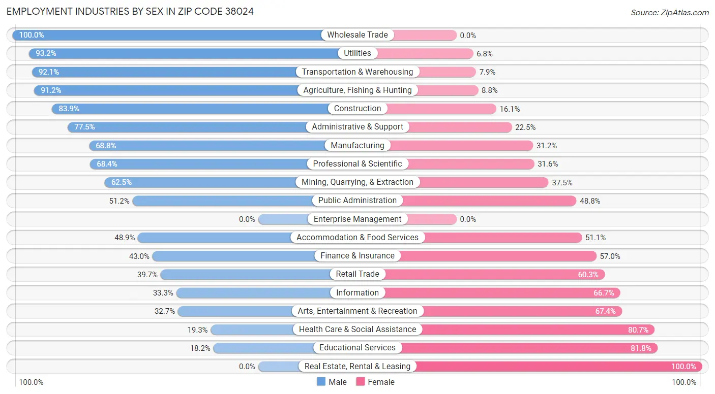 Employment Industries by Sex in Zip Code 38024