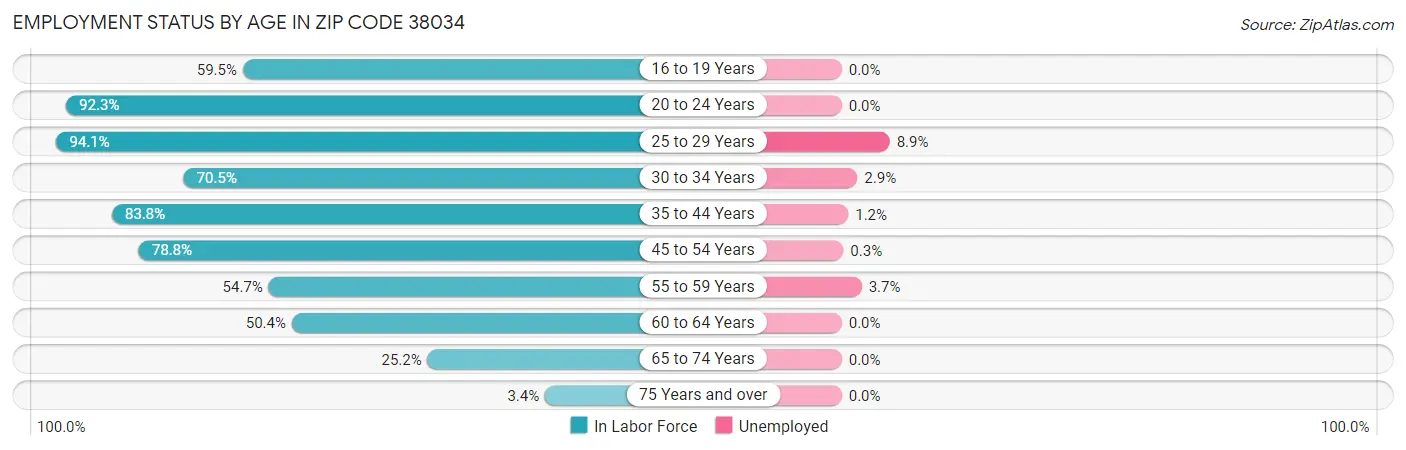 Employment Status by Age in Zip Code 38034