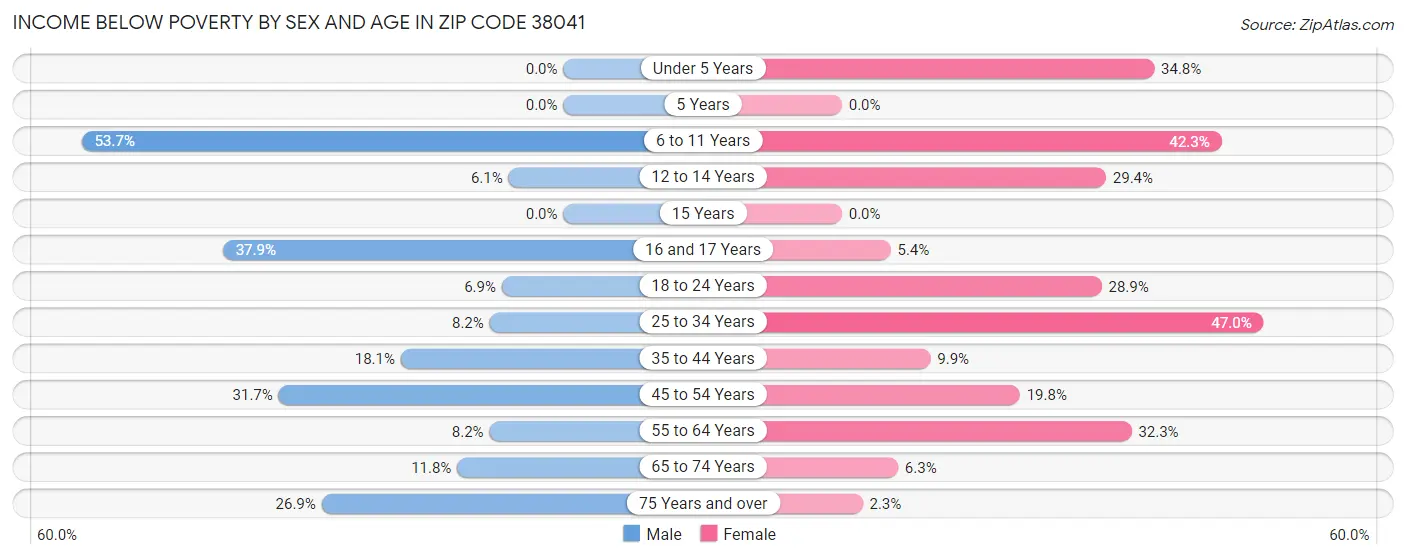 Income Below Poverty by Sex and Age in Zip Code 38041