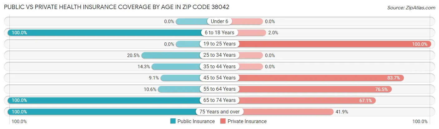 Public vs Private Health Insurance Coverage by Age in Zip Code 38042