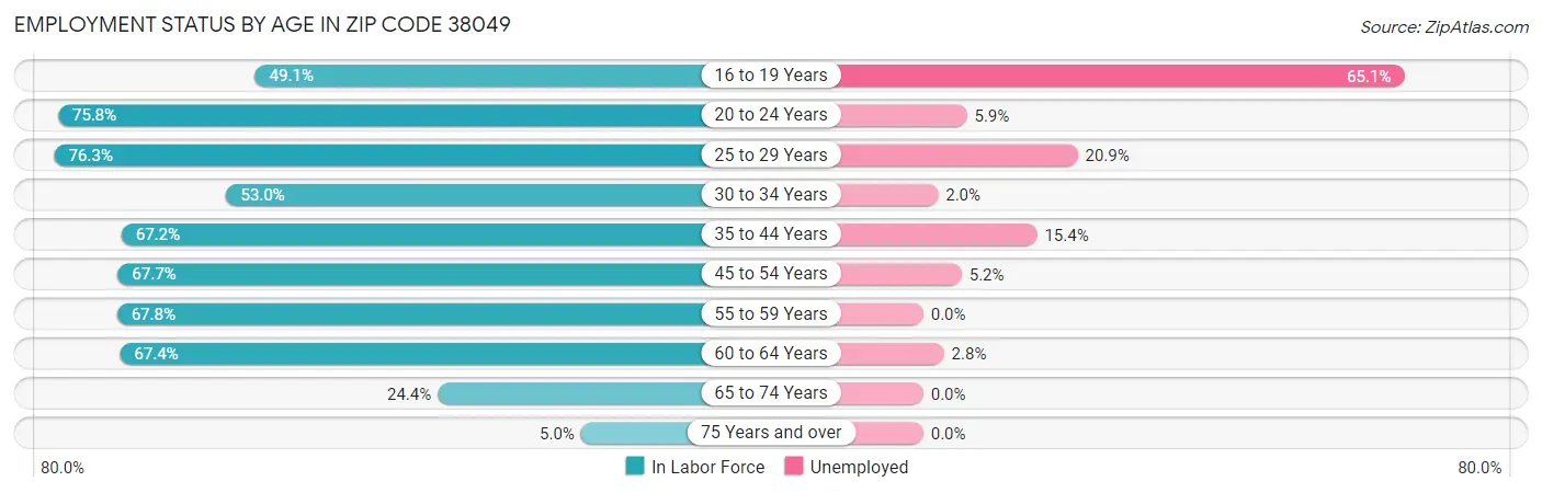 Employment Status by Age in Zip Code 38049
