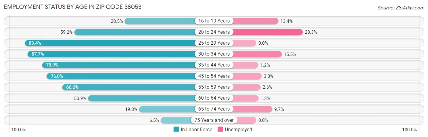 Employment Status by Age in Zip Code 38053