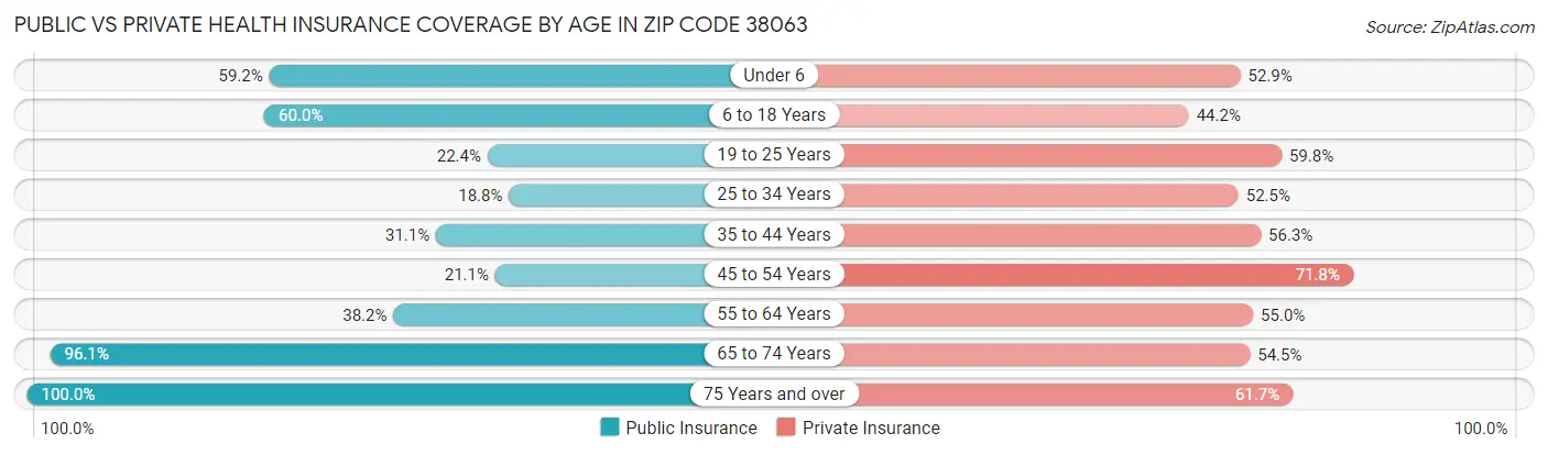 Public vs Private Health Insurance Coverage by Age in Zip Code 38063