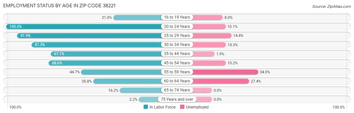 Employment Status by Age in Zip Code 38221