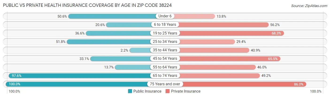 Public vs Private Health Insurance Coverage by Age in Zip Code 38224