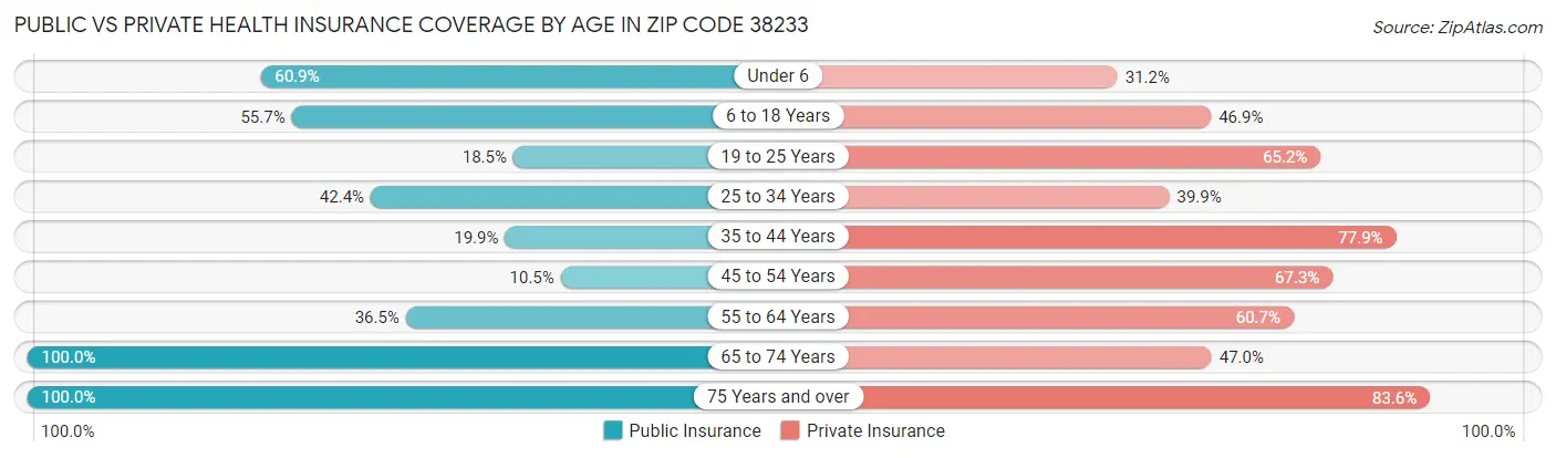 Public vs Private Health Insurance Coverage by Age in Zip Code 38233