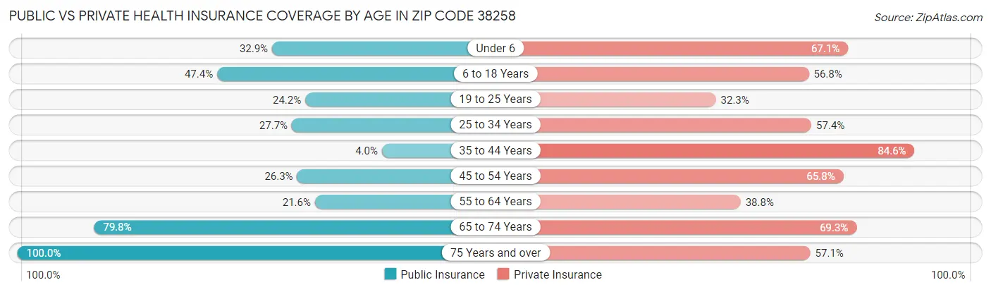 Public vs Private Health Insurance Coverage by Age in Zip Code 38258