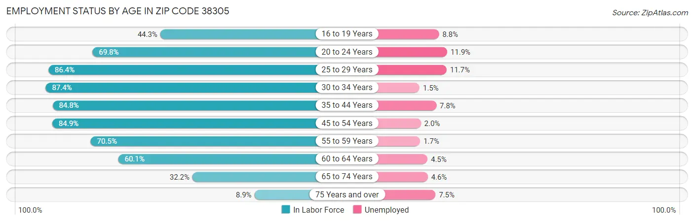 Employment Status by Age in Zip Code 38305