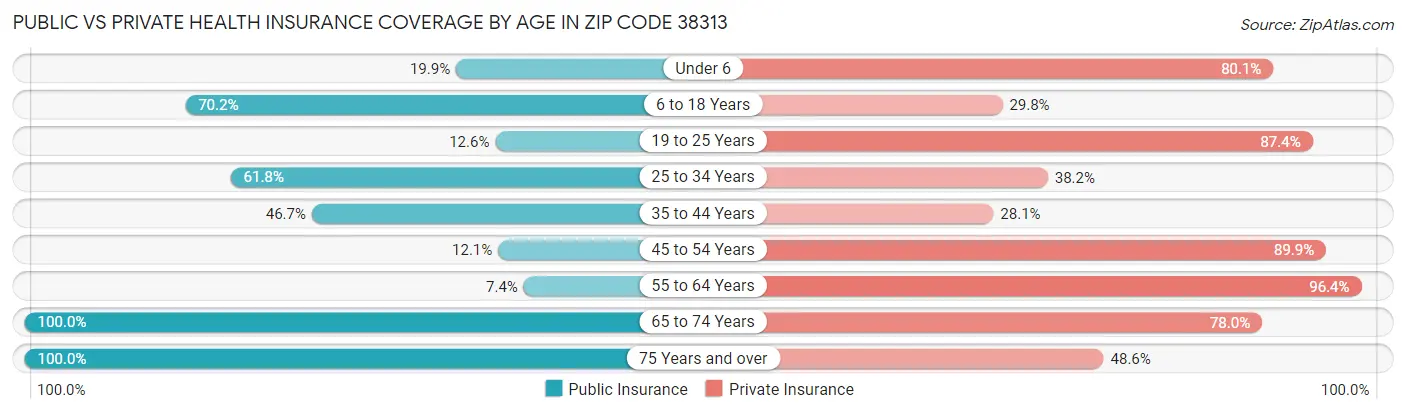 Public vs Private Health Insurance Coverage by Age in Zip Code 38313