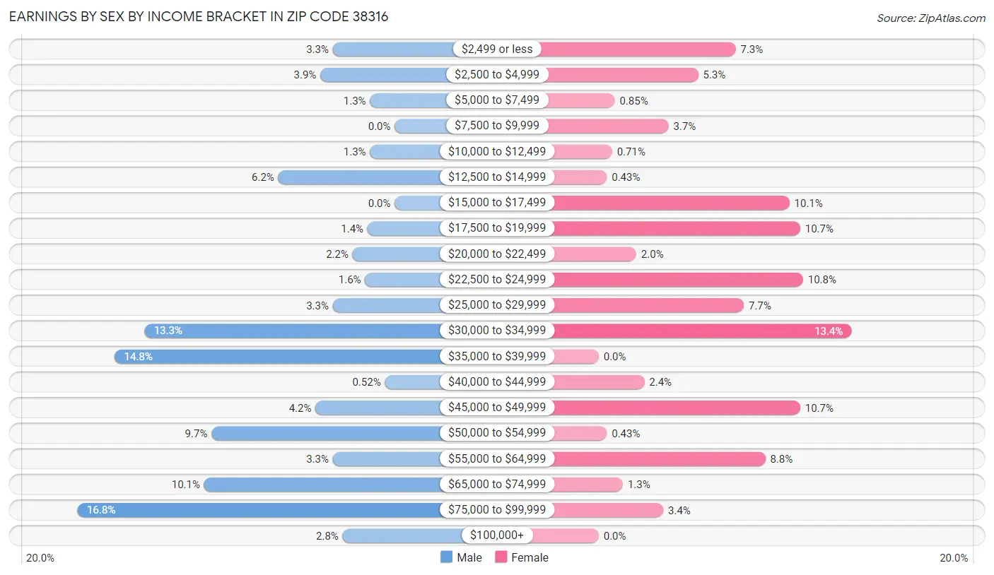 Earnings by Sex by Income Bracket in Zip Code 38316