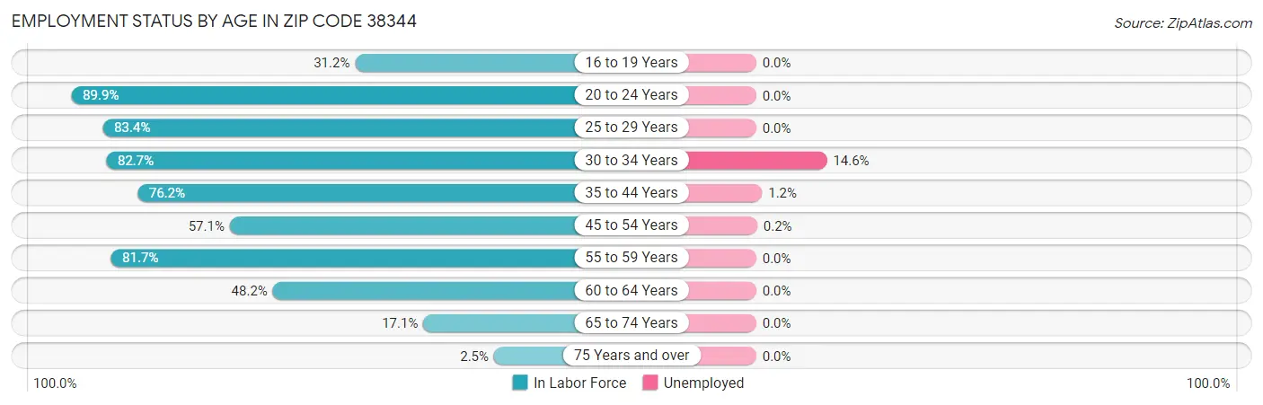 Employment Status by Age in Zip Code 38344