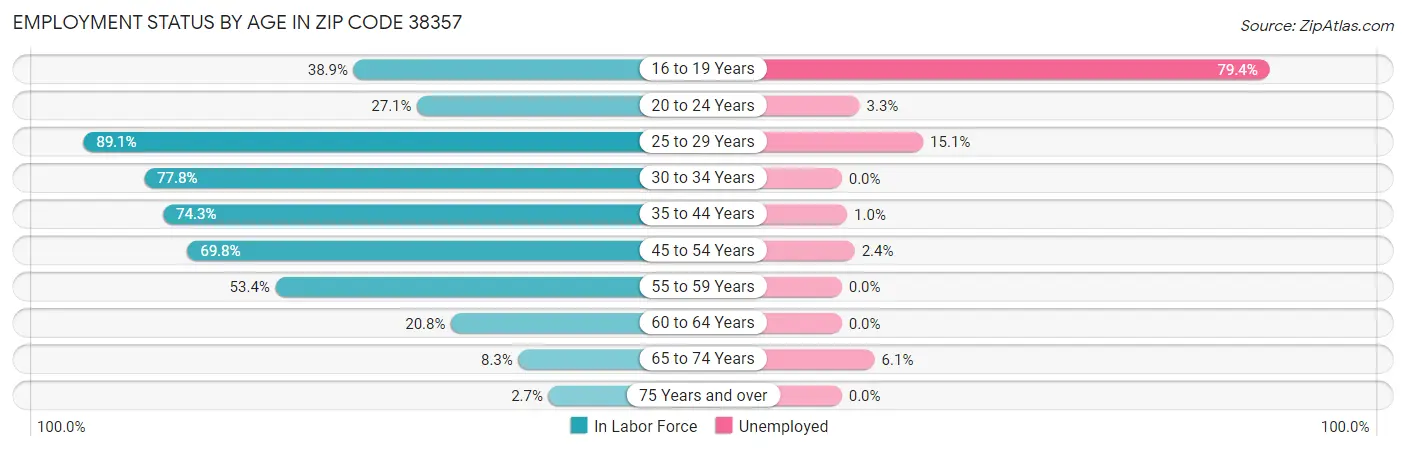 Employment Status by Age in Zip Code 38357