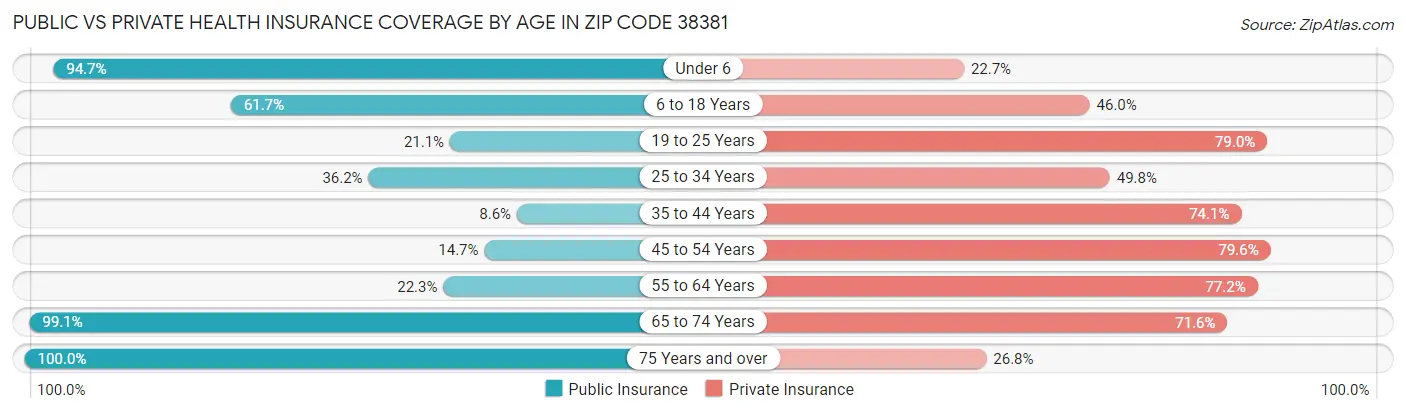 Public vs Private Health Insurance Coverage by Age in Zip Code 38381