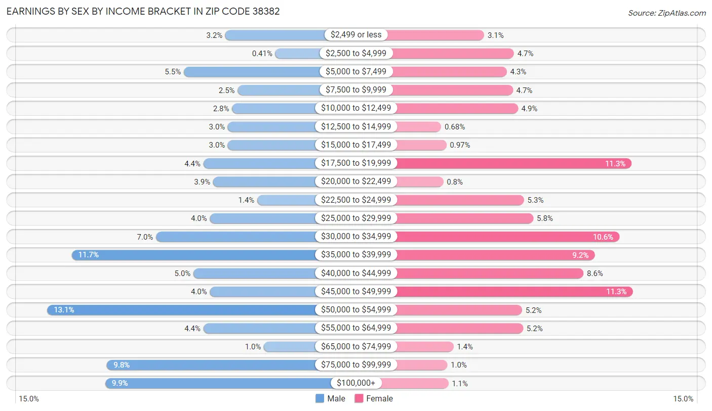 Earnings by Sex by Income Bracket in Zip Code 38382