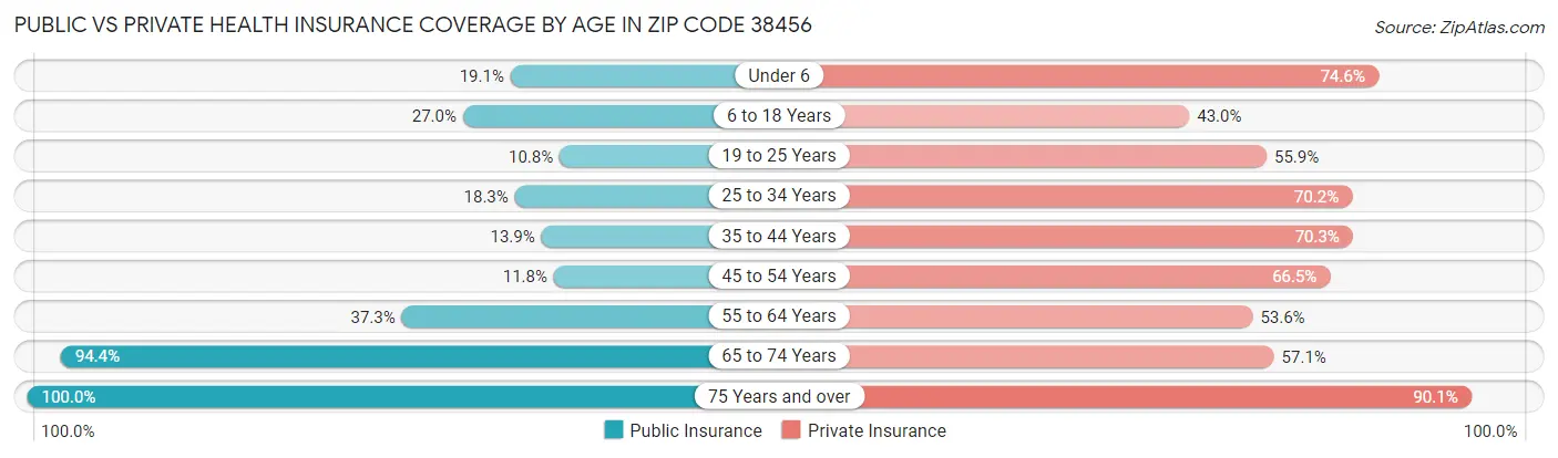 Public vs Private Health Insurance Coverage by Age in Zip Code 38456