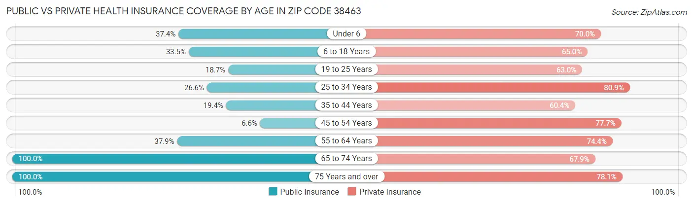 Public vs Private Health Insurance Coverage by Age in Zip Code 38463