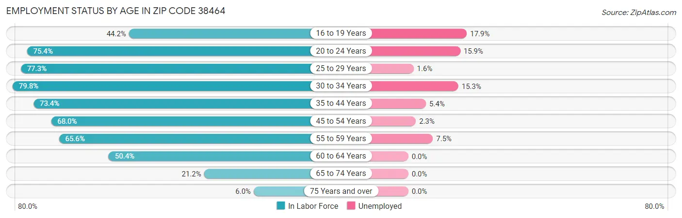 Employment Status by Age in Zip Code 38464