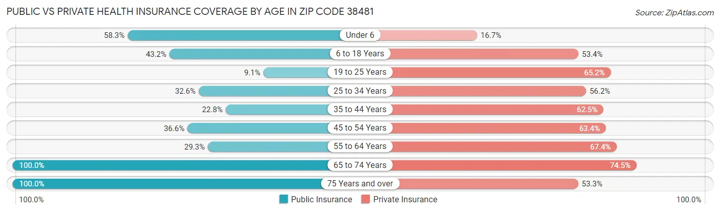 Public vs Private Health Insurance Coverage by Age in Zip Code 38481