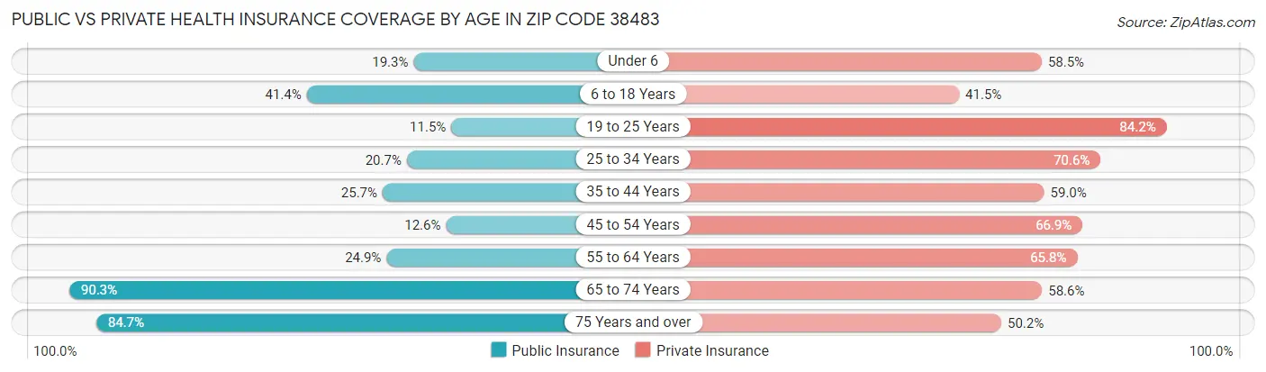 Public vs Private Health Insurance Coverage by Age in Zip Code 38483