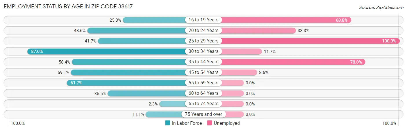 Employment Status by Age in Zip Code 38617