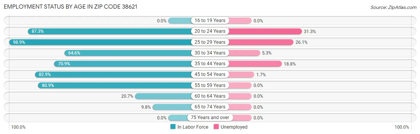Employment Status by Age in Zip Code 38621