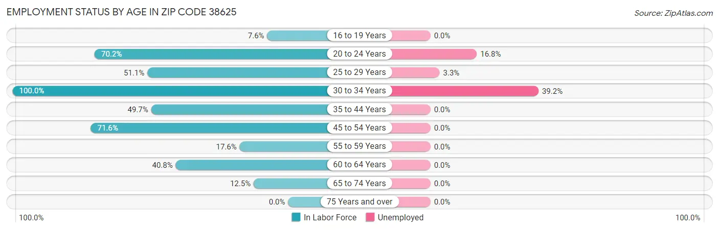 Employment Status by Age in Zip Code 38625