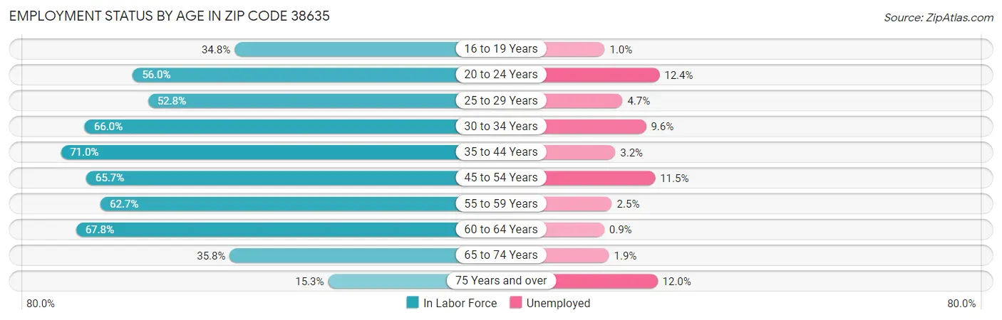 Employment Status by Age in Zip Code 38635