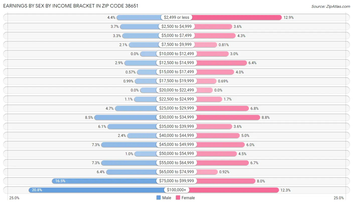 Earnings by Sex by Income Bracket in Zip Code 38651