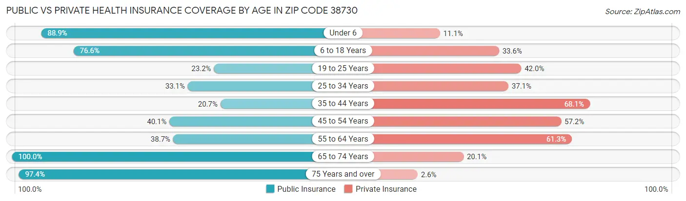 Public vs Private Health Insurance Coverage by Age in Zip Code 38730