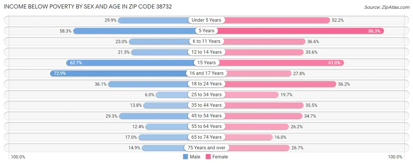 Income Below Poverty by Sex and Age in Zip Code 38732