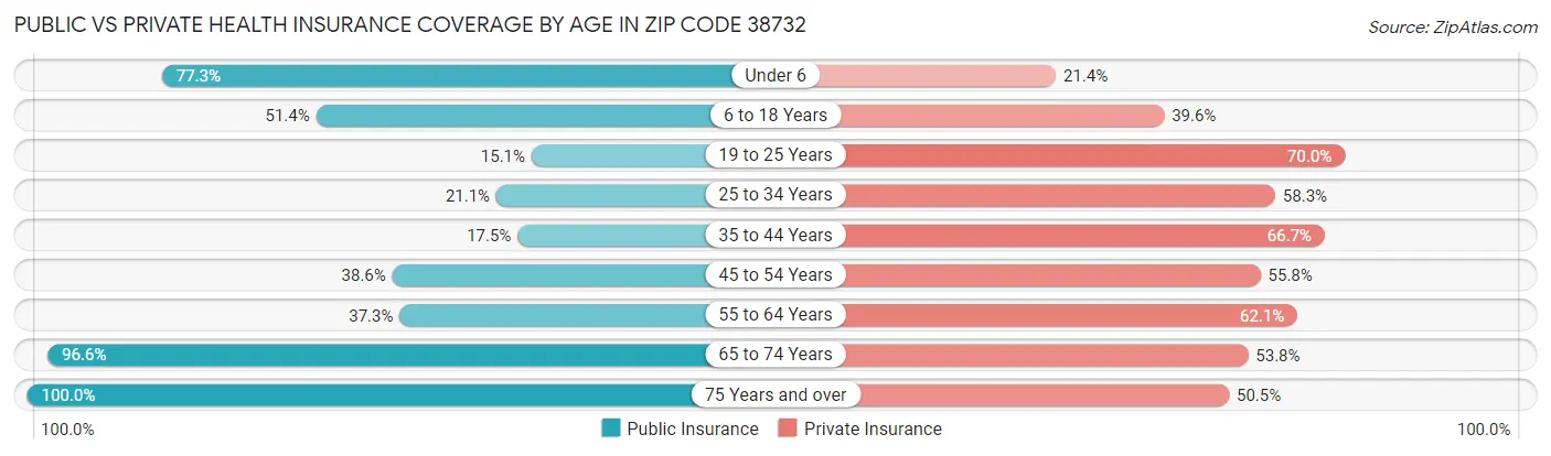 Public vs Private Health Insurance Coverage by Age in Zip Code 38732