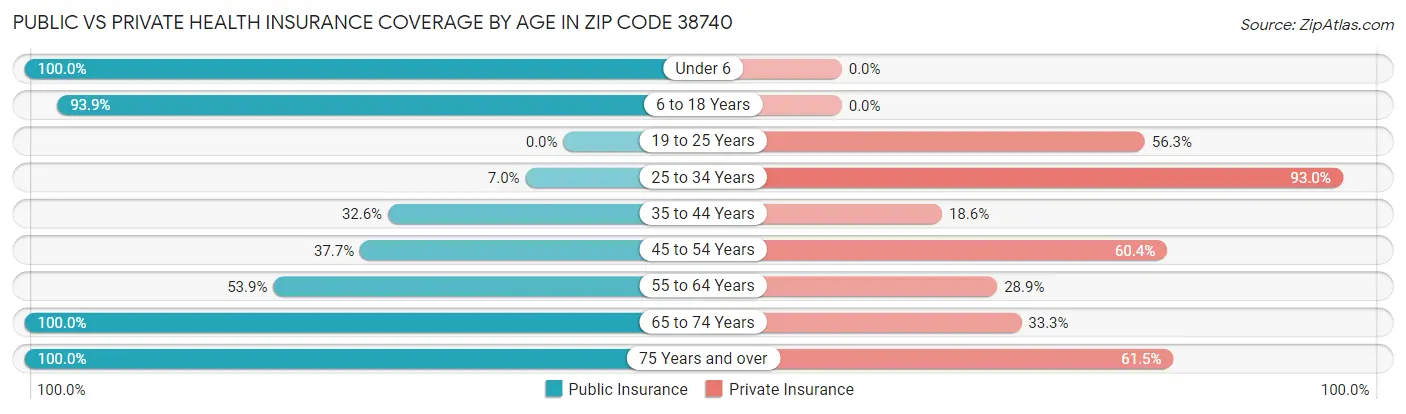 Public vs Private Health Insurance Coverage by Age in Zip Code 38740