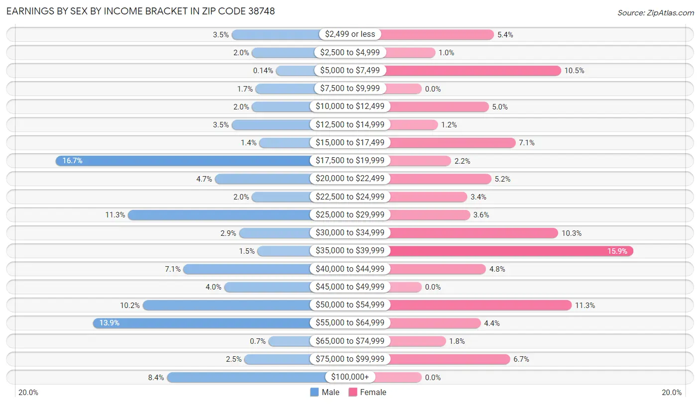 Earnings by Sex by Income Bracket in Zip Code 38748