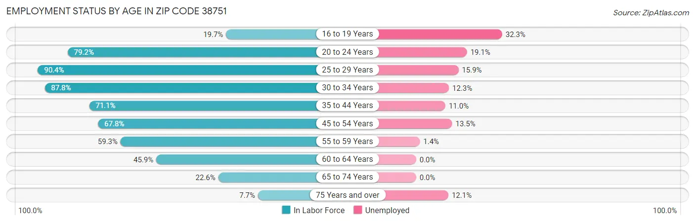 Employment Status by Age in Zip Code 38751