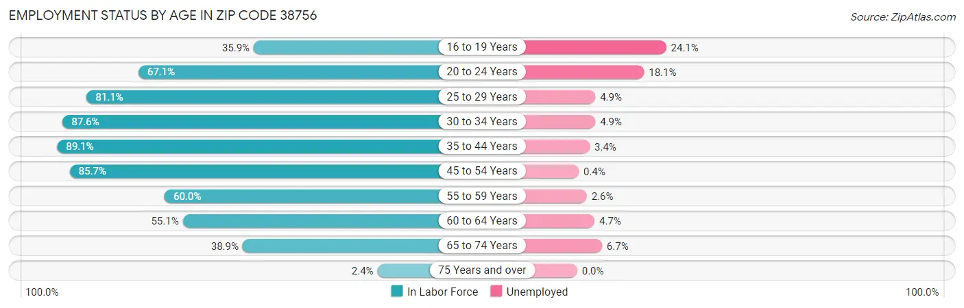 Employment Status by Age in Zip Code 38756