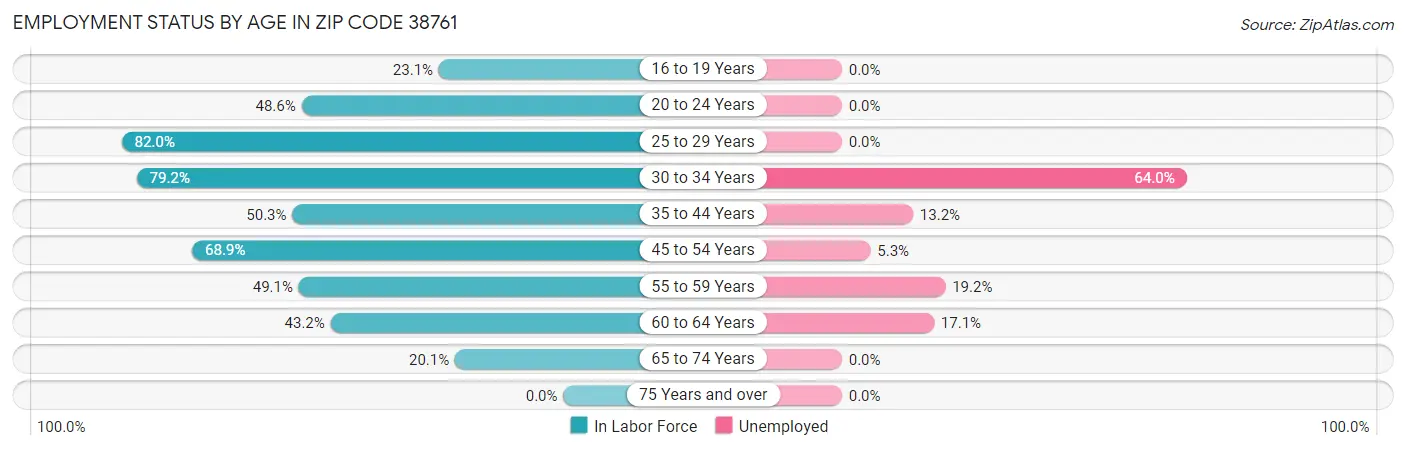 Employment Status by Age in Zip Code 38761