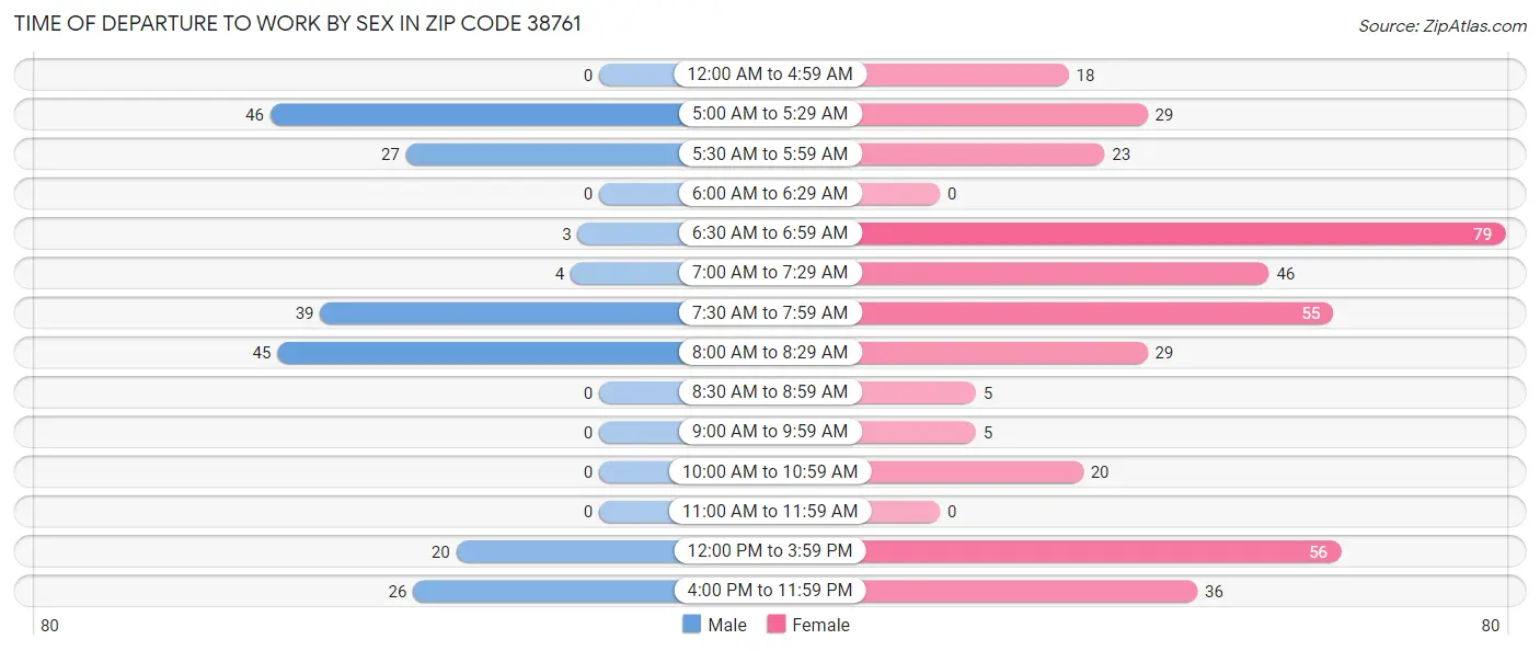 Time of Departure to Work by Sex in Zip Code 38761