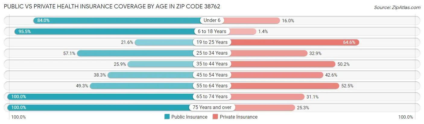 Public vs Private Health Insurance Coverage by Age in Zip Code 38762