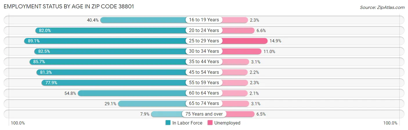 Employment Status by Age in Zip Code 38801