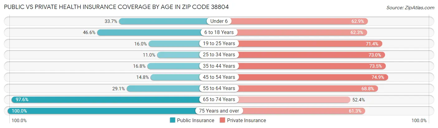 Public vs Private Health Insurance Coverage by Age in Zip Code 38804