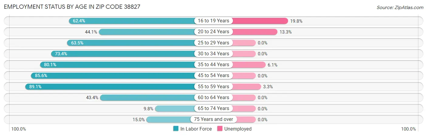 Employment Status by Age in Zip Code 38827