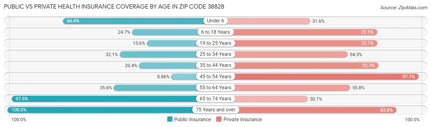 Public vs Private Health Insurance Coverage by Age in Zip Code 38828