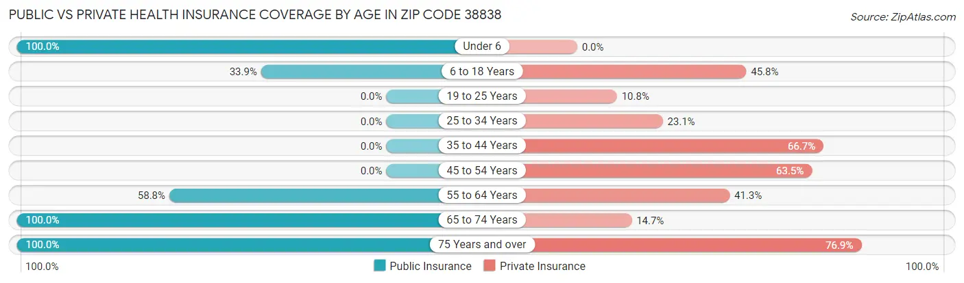Public vs Private Health Insurance Coverage by Age in Zip Code 38838