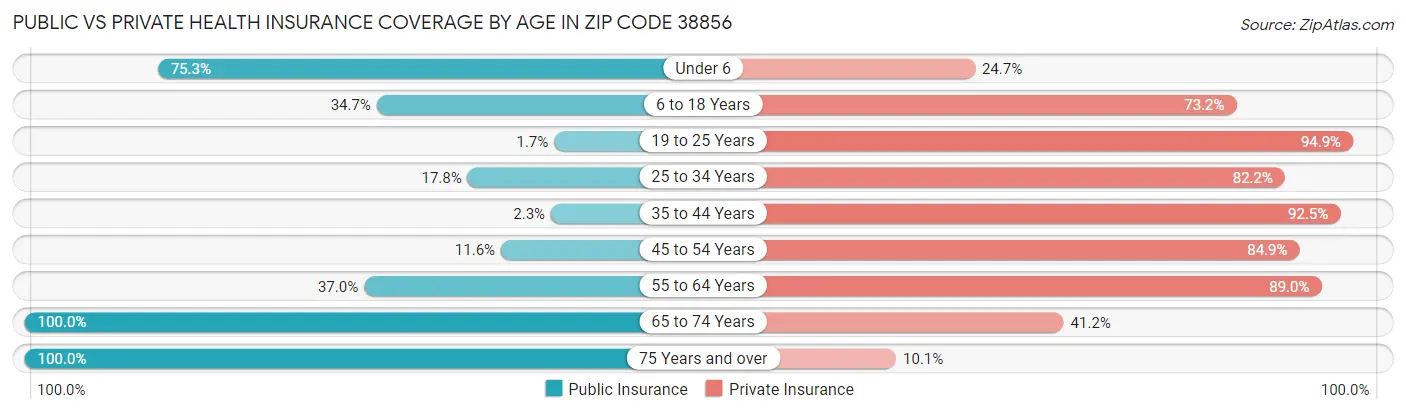 Public vs Private Health Insurance Coverage by Age in Zip Code 38856