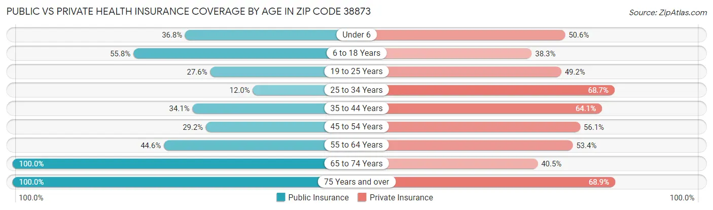 Public vs Private Health Insurance Coverage by Age in Zip Code 38873