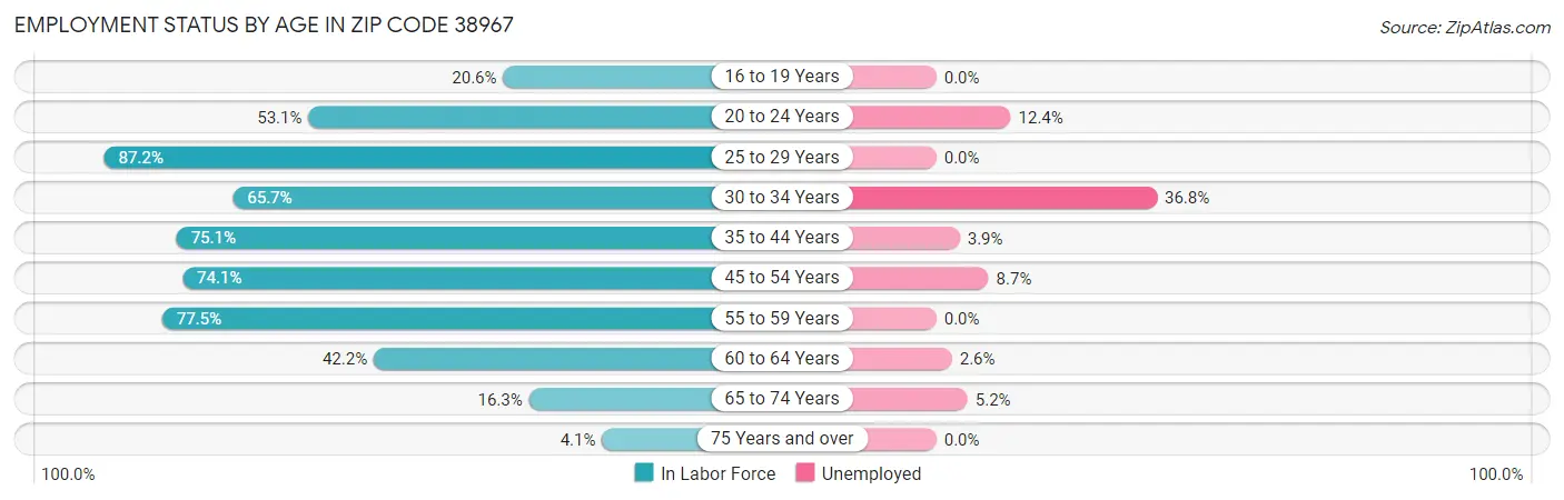 Employment Status by Age in Zip Code 38967