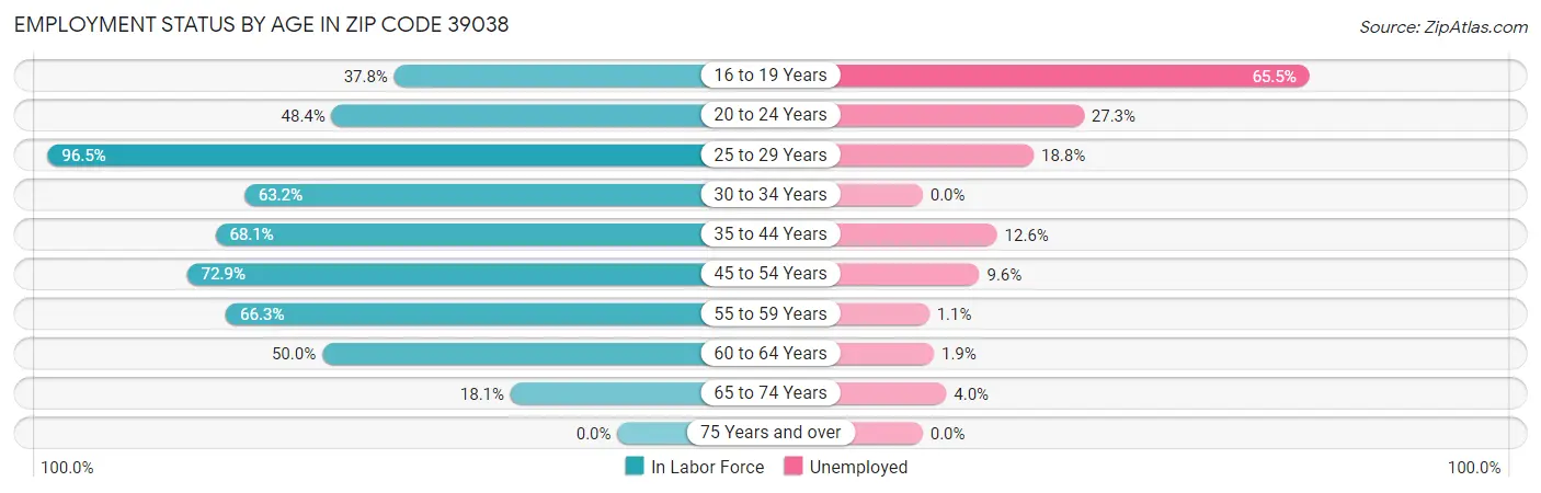 Employment Status by Age in Zip Code 39038